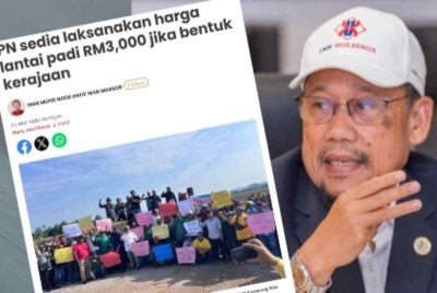 Che Abdullah (kanan) dan laporan Sinar Harian mengenai PN yang bersedia menetapkan harga lantai belian padi pada kadar RM3,000 bagi setiap tan metrik sekiranya diberi mandat membentuk kerajaan selepas PRU16.