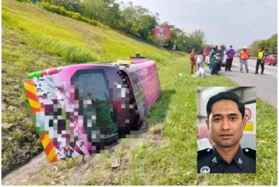 Pemandu van persiaran yang terlibat dalam kemalangan ketika membawa lapan warganegara India di Kilometer 212 arah selatan Lebuhraya Utara-Selatan pada Isnin. Gambar kecil: Superintenden Muhammad Zaki 