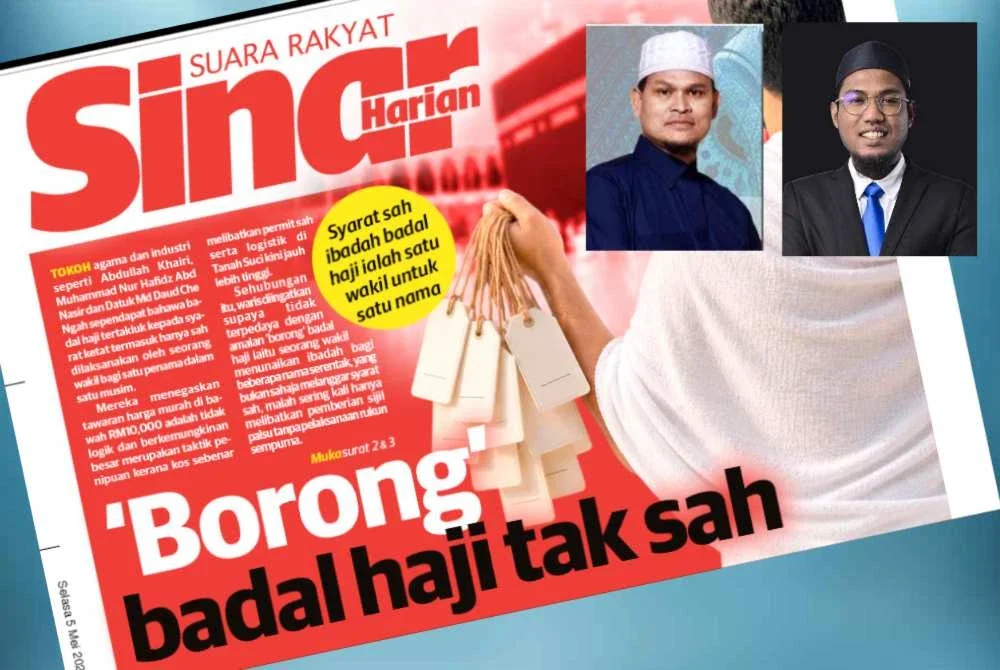 Muka depan Sinar Harian pada Selasa melaporkan isu badal haji. Gambar kecil: Abdullah Khairi (kiri), Muhammad Nur Hafidz