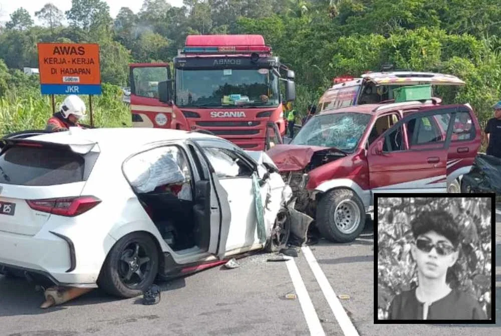 Keadaan dua kenderaan yang remuk selepas kemalangan. GAMBAR KECIL: Allahyarham Muhamad Irfan