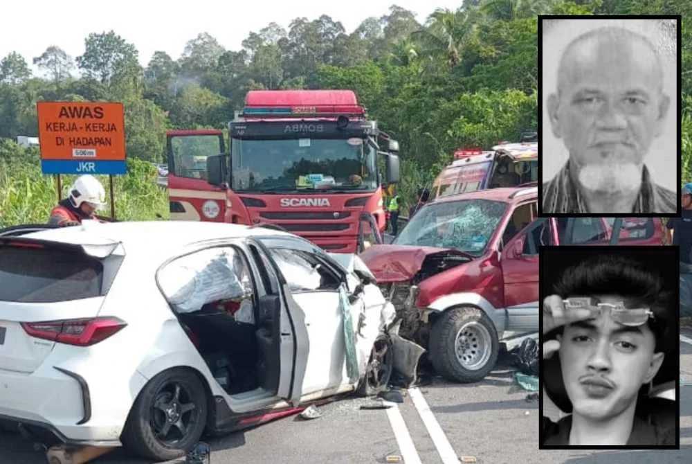 Keadaan kereta dinaiki mangsa di lokasi kejadian. Gambar kecil: Mohd Yusof dan Muhamad Irfan (bawah) 