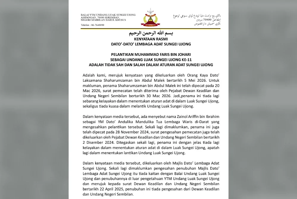 Kenyataan media oleh Datuk-Datuk Lembaga Adat Sungei Ujong.