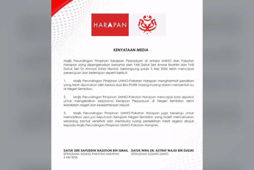 Kenyataan bersama dikeluarkan PH, UMNO pada Selasa