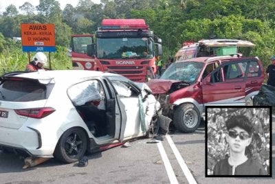 Keadaan dua kenderaan yang remuk selepas kemalangan. GAMBAR KECIL: Allahyarham Muhamad Irfan
