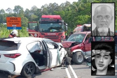 Keadaan kereta dinaiki mangsa di lokasi kejadian. Gambar kecil: Mohd Yusof dan Muhamad Irfan (bawah) 