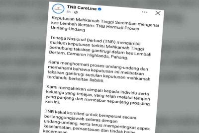 Kenyataan TNB berhubung kejadian banjir yang berlaku di Lembah Bertam.
