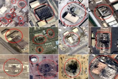 Dari kiri atas (laporan kerosakan berkaitan AS): Naval Support Activity Bahrain, Pangkalan Udara Isa, Pangkalan Udara Riffa, Lapangan Terbang Antarabangsa Erbil, Pangkalan Udara Harir, Pangkalan Udara Ali al-Salem, Kem Arifjan, Kem Buehring, Pelabuhan Shuaiba, Pangkalan Udara Al-Udeid, Pangkalan Udara Prince Sultan dan Pangkalan Udara Al-Dhafra..-Agensi