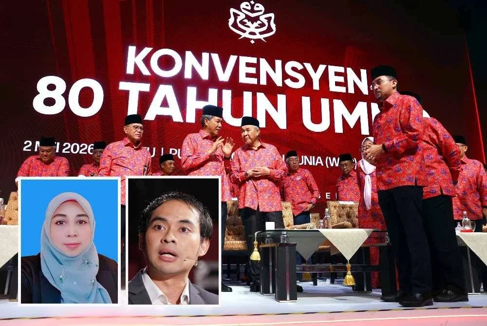 Ahmad Zahid membincangkan sesuatu dengan Timbalan Presiden UMNO Datuk Seri Mohamad Hasan pada Konvensyen 80 Tahun UMNO. Gambar kecil: Kiri; Profesor Dr Kartini Aboo Talib, Anis Anwar Suhaimi