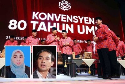 Ahmad Zahid membincangkan sesuatu dengan Timbalan Presiden UMNO Datuk Seri Mohamad Hasan pada Konvensyen 80 Tahun UMNO. Gambar kecil: Kiri; Profesor Dr Kartini Aboo Talib, Anis Anwar Suhaimi