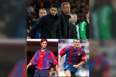 Hampir 30 tahun lalu, Enrique dan Arteta berlatih bersama di FC Barcelona. Kini, kedua-duanya berada di pentas final UCL sebagai jurulatih, masing-masing mengemudi PSG dan Arsenal. FOTO: Agensi