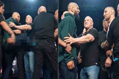Khamzat (kiri) dan Strickland ditenangkan Dana White pada sesi face-off yang bertukar tegang menjelang UFC 328. Foto: Agensi
