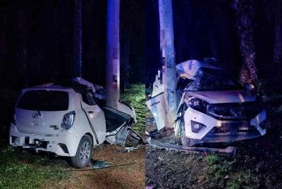 Kereta yang dinaiki mangsa remuk di bahagian depan selepas melanggar tiang dalam kemalangan di Jalan Besar Jengka 12 pada Jumaat malam. Foto Polis Maran