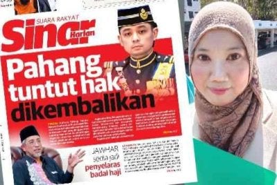 Misrinah Misban dan laporan muka depan Sinar Harian pada Sabtu. 