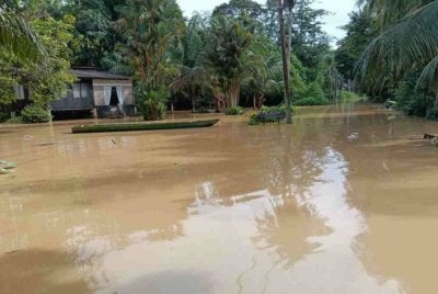 Lebih 10 rumah di Kampung Lasah, Sungai Siput terjejas selepas ditenggelami air susulan hujan lebat berterusan awal pagi tadi. Foto: APM Perak 