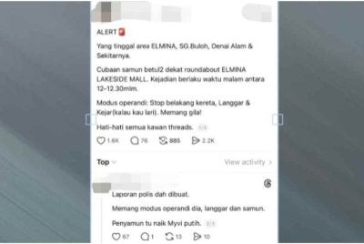 Tular di media sosial hantaran dimuat naik mendakwa terdapat cubaan samun menggunakan taktik langgar serta kejar di kawasan Elmina Lakeside Mall.