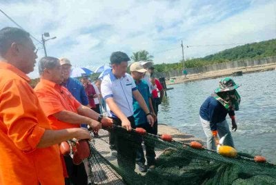 Mohamad (dua dari kiri) meninjau penternakan ikan susu di Batu Lintang.