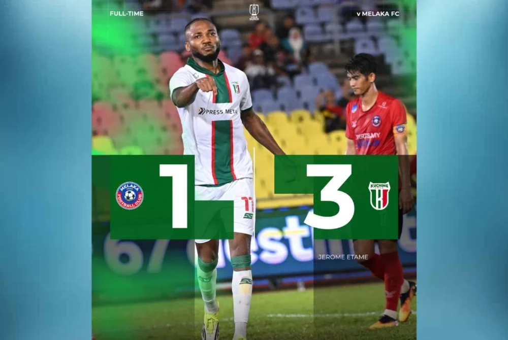 Hatrik pemain import Jerome Etame membantu Kuching City FC mencatat kemenangan penting 3-1 ke atas Melaka FC dalam saingan Liga Super 2025/2026