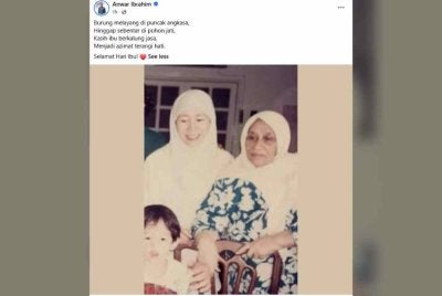 Anwar turut memuat naik sekeping gambar Allahyarham ibu beliau bersama isteri sebagai tanda penghargaan dan kenangan terhadap dua insan penting dalam kehidupannya. Foto Facebook Anwar Ibrahim 