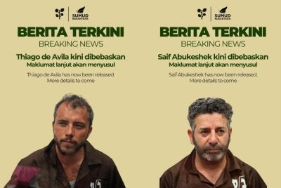 Thiago (kiri) dan Saif Abu Keshek telah dibebaskan, dihantar pulang serta tidak lagi berada di bawah tahanan rejim Israel.