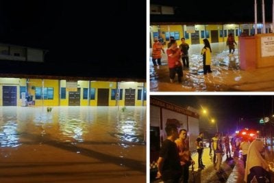 Seramai 73 pelajar SMA Al-Maahadul Islami Tasek Junjong, Simpang Ampat terjejas selepas kawasan sekolah berkenaan dinaiki air susulan hujan lebat, lewat petang tadi.- Foto: JBPM
