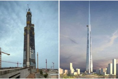 Menara berkenaan sudah mencapai 100 tingkat pembinaan (kiri), kanan gambar apabila menara berkenaan siap sepenuhnya.-Agensi