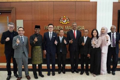 Young Syefura (dua dari kanan) bergambar bersama ahli DAP yang mengangkat sumpah jawatan senator pada Isnin.