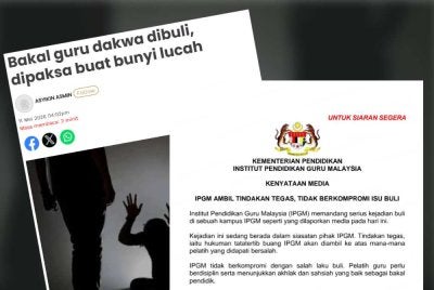 Kenyataan IPGM dikeluarkan pada Isnin susulan laporan Sinar Harian mengenai dakwaan kejadian buli di sebuah kampus IPG di Kuching.
