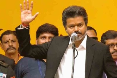 Vijay semasa memberi ucapan selepas dilantik sebagai Ketua Menteri Tamil Nadu. Foto Agensi