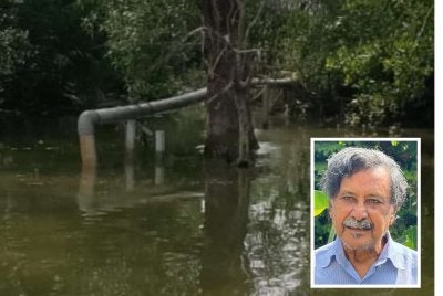 Saluran paip buangan sisa kolam ternakan udang yang terdapat di dalam Sungai Juru. Gambar kecil: Mohideen