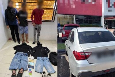 Pasangan kekasih remaja yang ditahan polis bersama barangan rampasan dipercayai digunakan dalam kejadian samun pemandu e-hailing di Pontian. - Foto IPD Pontian