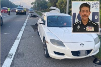 Lokasi kejadian kes kemalangan penunggang motosikal yang maut selepas melanggar sebuah lereta jenis Mazda yang diletak di lorong kecemasan di Lebuhraya Elite, Subang Jaya pada Isnin. Gambar kecil: Wan Azlan