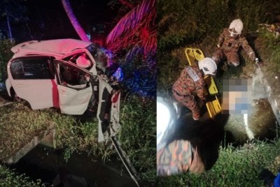 Seorang lelaki maut selepas kenderaan dipandunya terbabas sebelum tercampak ke dalam parit dalam kejadian di Jalan Besar Bagan Serai–Taiping pada Rabu. - Foto: JBPM Perak