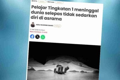 Laporan Sinar Harian mengenai pelajar Tingkatan 1 meninggal dunia selepas tidak sedarkan diri di asrama.
