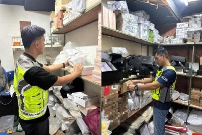 Pegawai KPDN menjalankan pemeriksaan melibatkan barangan dipercayai tiruan dirampas dalam operasi pada Khamis.