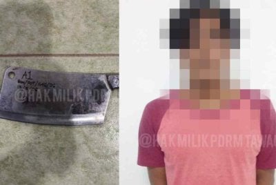 Sepasukan polis dari Balai Polis Bombalai berjaya menahan suspek dan merampas pisau pemotong daging dipercayai digunakan semasa kejadian. Foto PDRM 