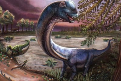 Ilustrasi artis menunjukkan dinosaur sauropod era Cretaceous, Nagatitan chaiyaphumensis, yang fosilnya ditemui di Thailand dalam imej dikeluarkan pada 14 Mei 2026. Dinosaur itu dipercayai yang terbesar pernah ditemui di Asia Tenggara. - Reuters