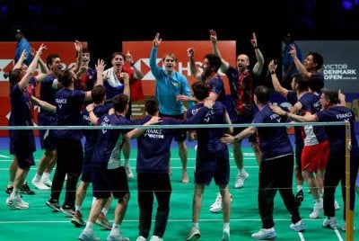 Skuad Perancis meraikan kejayaan mara ke pentas final Piala Thomas 2026. Foto: Agensi