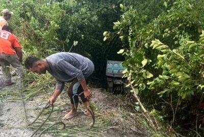 Lori dengan muatan batu terjunam dalam gaung di Jalan Kampung Taliduson, Pitas.