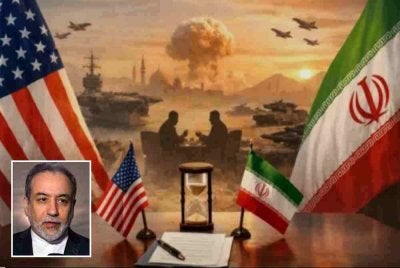 Abbas Araghchi (gambar kecil) memberi amaran kepada AS dan rejim Zionis Israel agar tidak melancarkan tindakan ketenteraan baharu terhadap Teheran. Foto: Agensi