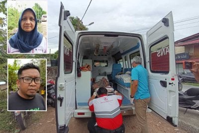 Persatuan Bulan Sabit Merah Malaysia (PBSM) Terengganu membantu memindahkan warga emas yang uzur ke kediaman sementara di Losong, Kuala Terengganu. Gambar kecil: Rohaiza Dollah (atas) dan Mohamad Rosharul Helmi