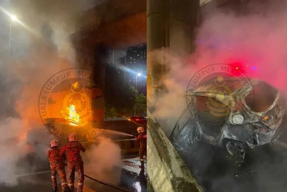 Pasukan Bomba dan Penyelamat Cheras membantu operasi memadam kebakaran serta mengeluarkan mangsa dari kenderaan terbabit. Foto Bomba