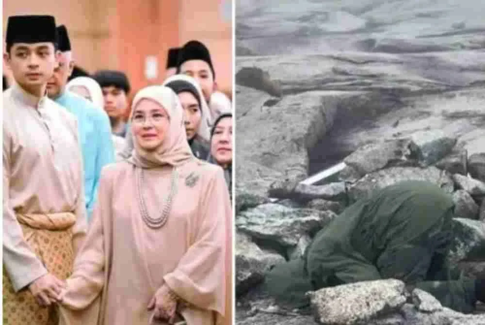 Tular foto Tengku Hassanal sedang sujud dengan penuh tenang menghadap Yang Maha Esa.