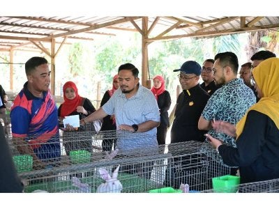Manndzri (dua dari kiri) melawat tapak ternakan daging yang diusahakan R&Z D’Ledang Rabbit Farm melalui bantuan Program Agromakanan RISDA di Tangkak.
