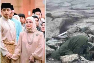 Tular foto Tengku Hassanal sedang sujud dengan penuh tenang menghadap Yang Maha Esa.