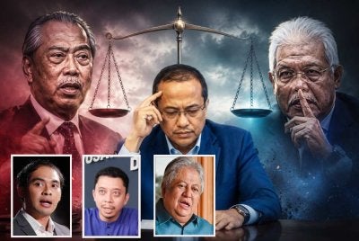 Cabaran besar Dr Ahmad Samsuri selaku Ketua Pembangkang Parlimen baharu adalah untuk mengimbangi pertembungan kem Bersatu diketuai Muhyiddin (kiri) dan kem Gerakan 'Reset' oleh Hamzah di dalam blok pembangkang. Gambar kecil: Anis Anwar Suhaimi (kiri) Dr Mohd Yadzil Yaakub (tengah) dan Zaid Ibrahim.