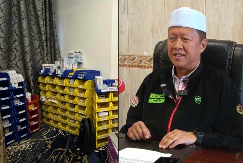 Muhammad Zamri (kanan) dan bekalan ubat yang dibawa dari Malaysia. Foto TH