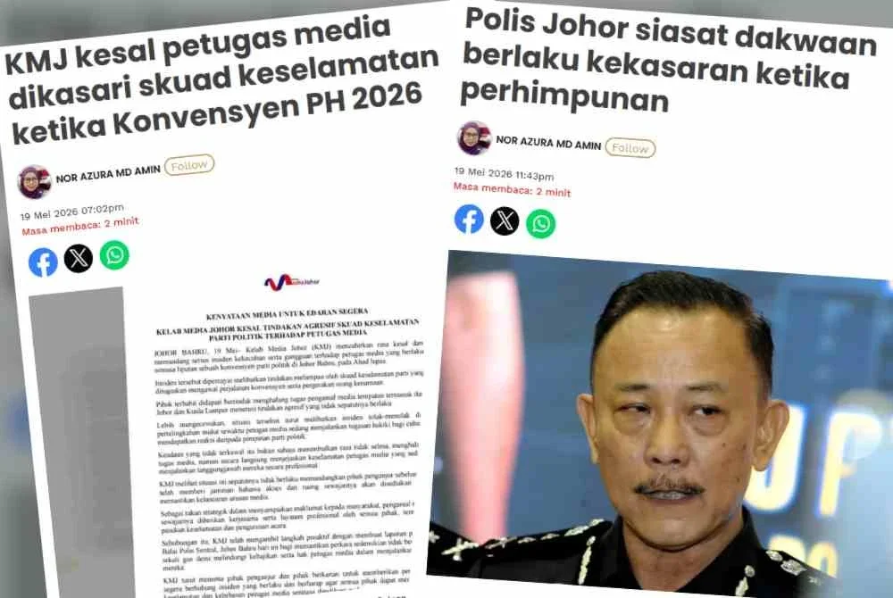 Laporan Sinar Harian mengenai insiden gangguan serta kekasaran terhadap sekumpulan pengamal media ketika membuat liputan Konvensyen PH 2026 di Johor, Ahad lepas.