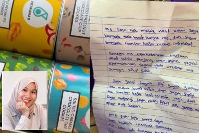 Hadiah dan surat yang diberikan oleh pelajar berkenaan kepada Nurul Hafizah (gambar kecil).