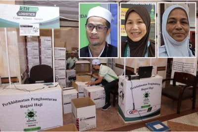 KTH Logistics Sdn Bhd antara syarikat yang dilantik TH bagi mengendalikan urusan penghantaran bagasi dan barangan jemaah pada musim haji kali ini. - Gambar kecil kiri Mohd Roshidi, KJ Asneh dan Nurzana