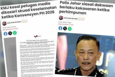 Laporan Sinar Harian mengenai insiden gangguan serta kekasaran terhadap sekumpulan pengamal media ketika membuat liputan Konvensyen PH 2026 di Johor, Ahad lepas.